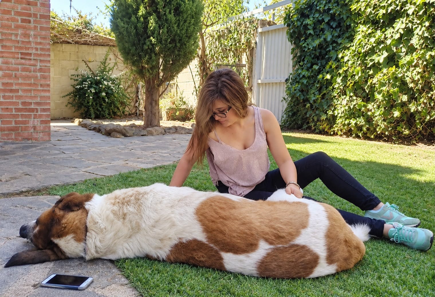 María Isern atendiendo a un perro grande tumbado en el jardín