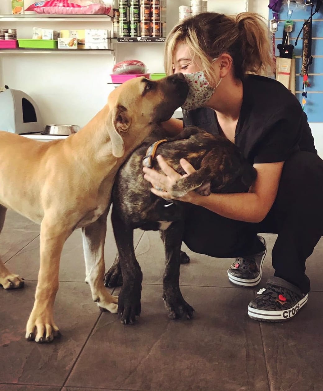 María Isern saludando a dos perros que se acercan a ella