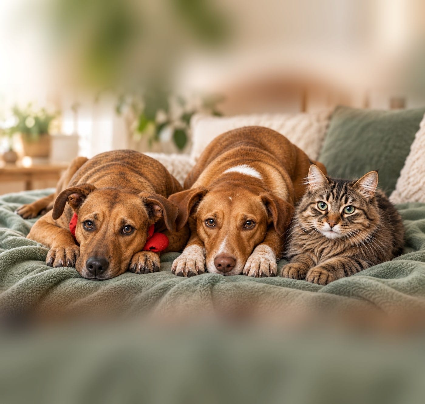 Los dos perros y el gato de María Isern, descansando juntos en casa sobre una manta